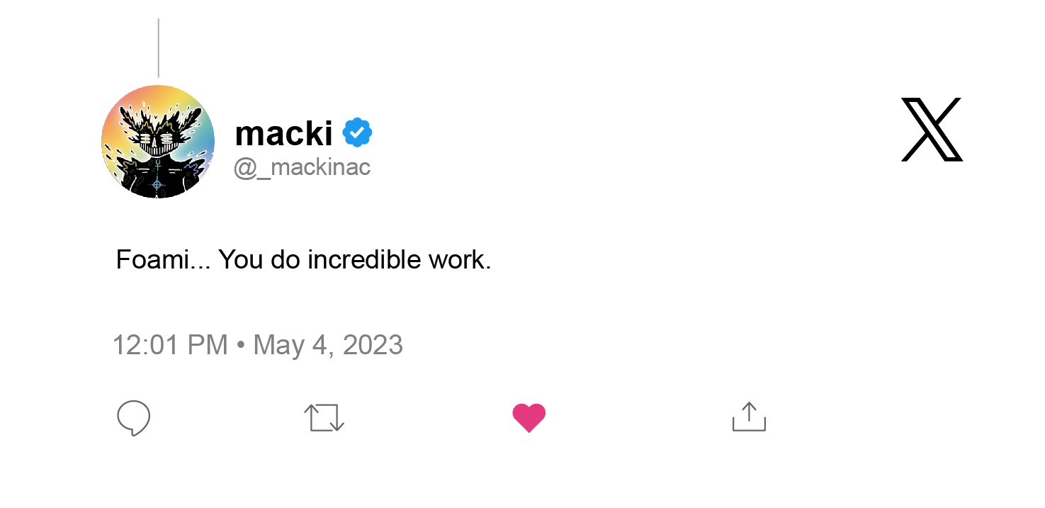 Twitter review from Macki saying Foami creates incredible physical art