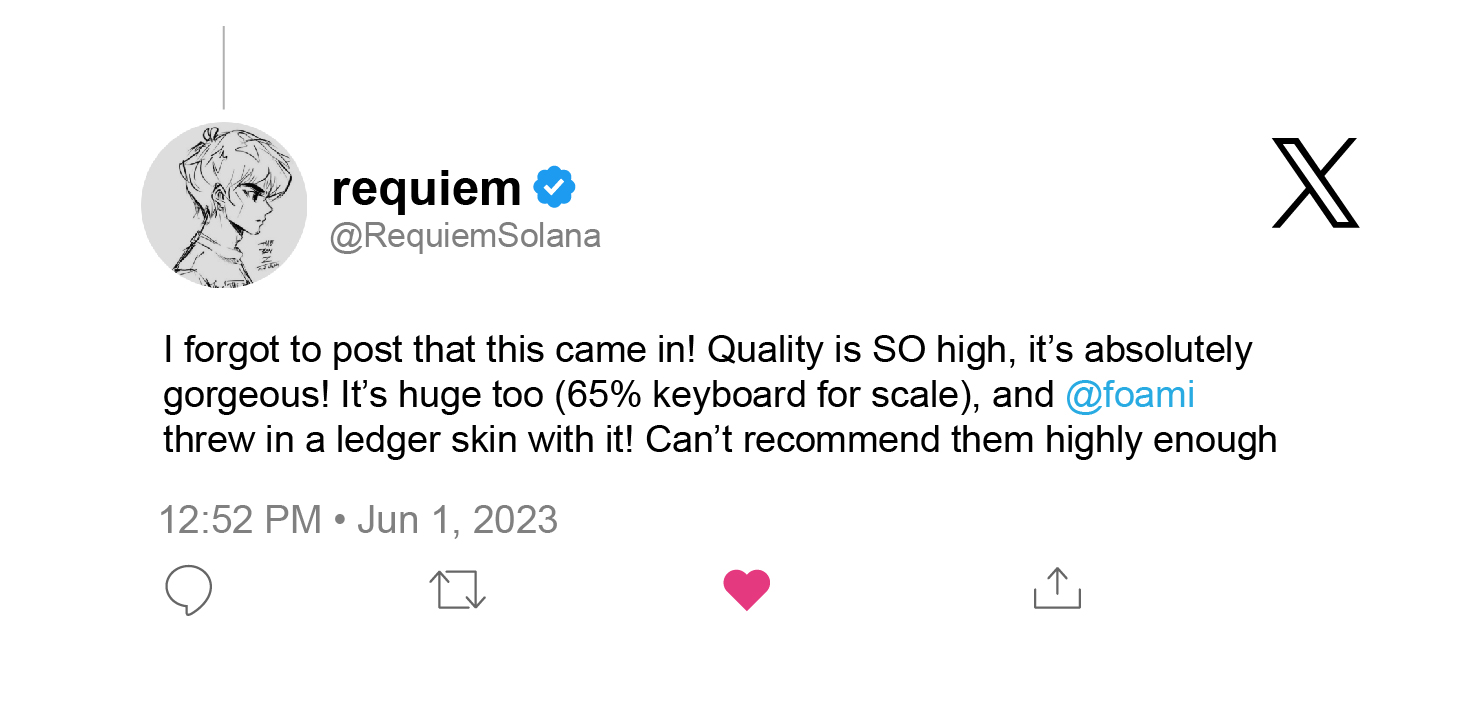 Twitter review from Requiem a Famous Fox Federation holder providing positive feedback on his foamii order talking about the high quality and the wallet skinz included