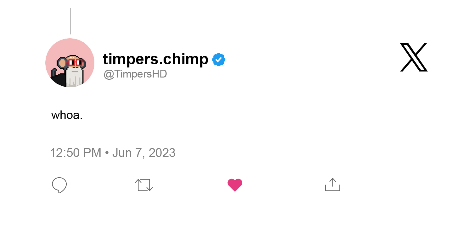 Twitter review from Chimpers NFT project founder Timpers saying he was in awe of seeing Chimpers foamii