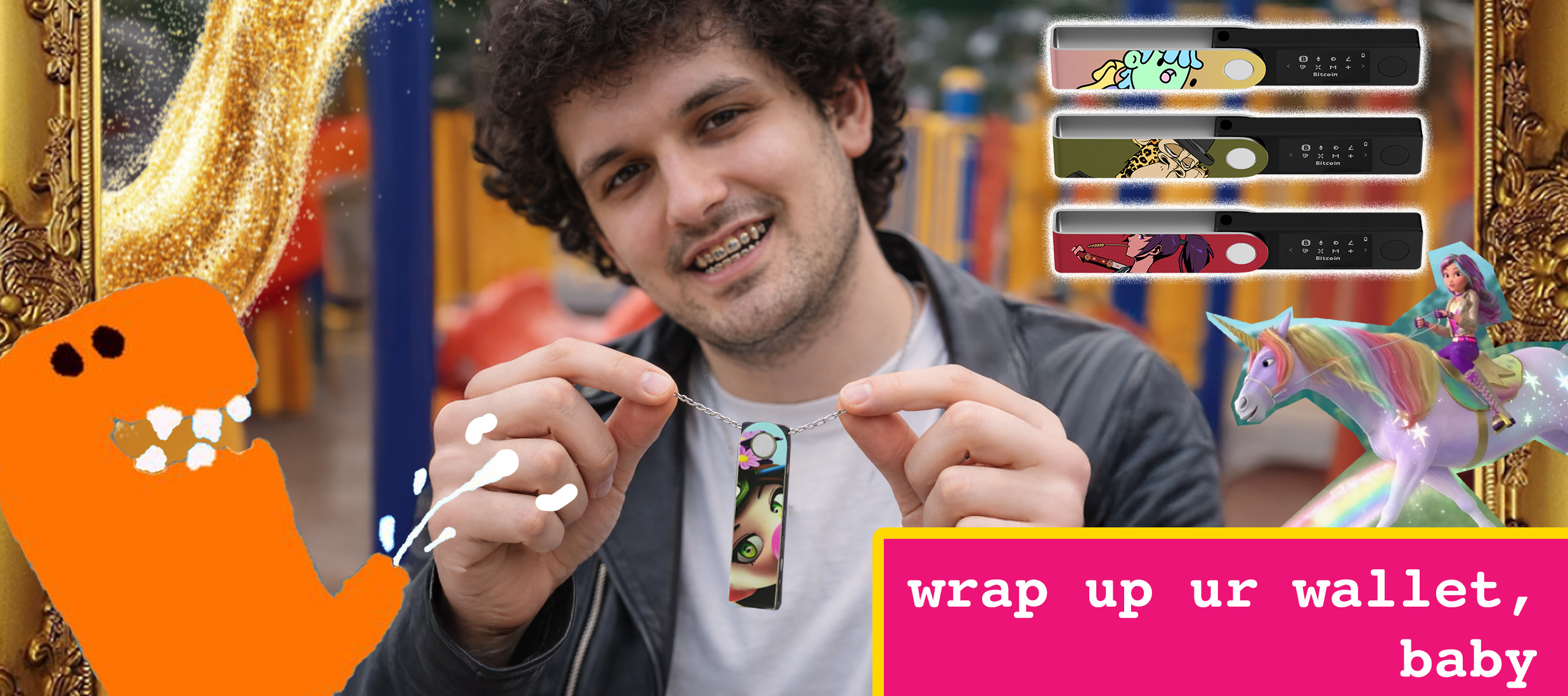 image of sam bankman fried with a Ledger crypto wallet on his neck. the wallet has a custom printed clone-x nft project walletSkinz made 
by artist foami